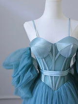 Blue Tulle Spaghetti Straps Prom Dress