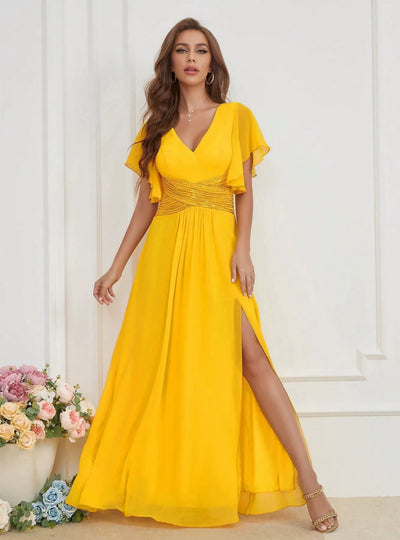Yellow Chiffon V-neck Sequins Prom Dress