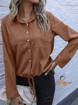 Lapel Drawstring Long Sleeve Solid Color Shirt