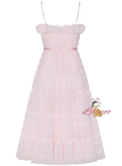 Pink Tulle Spaghetti Straps Prom Dress