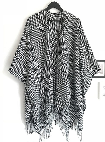 Black and White Houndstooth Split Fringed Split Shawl