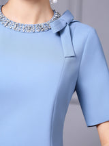 Blue Short Sleeve Beading Mother Of The Bride Dress