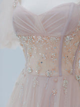 Pink Tulle Puff Sleeve Beading Prom Dress