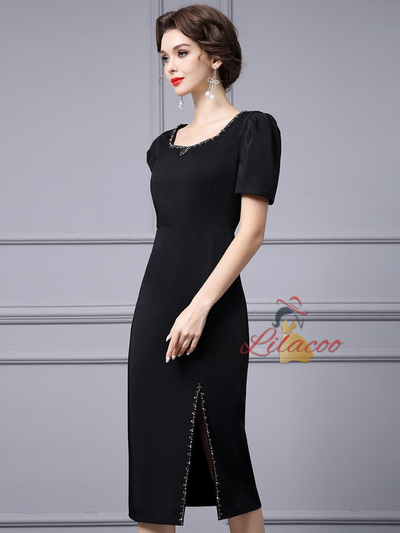 Black Short Sleeve Split Mother Of the Brides Dress