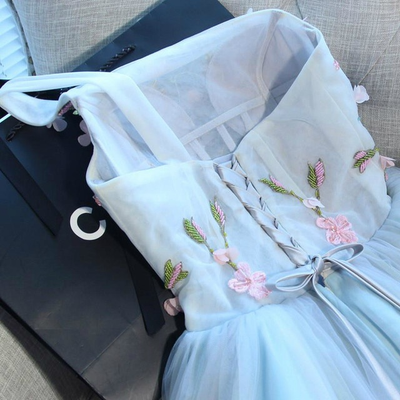 Blue Tulle One Shoulder Appliques Homecoming Dress