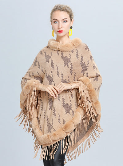 Geometric Jacquard Fur Collar Tassel Pullover Cloak