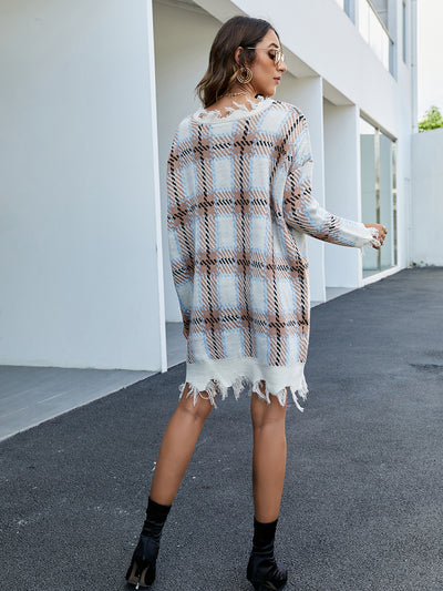 V-neck Long Sleeve Pullover Plaid Long Sweater