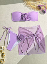 Three-piece Three-dimensional Flower Strap Beach Swimsuit