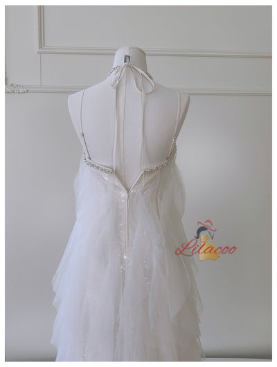 White Tulle Halter Backless Beading Prom Dress
