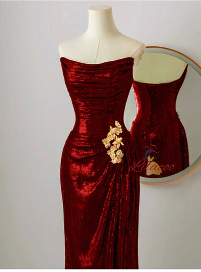Burgundy Mermaid Sequins Pleats Prom Dress