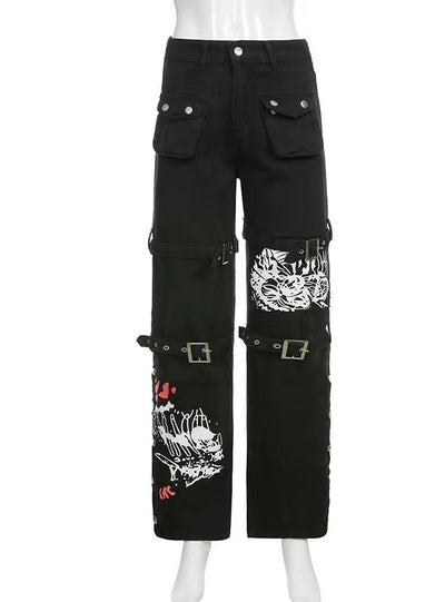 Printed Metal Button Denim Pant