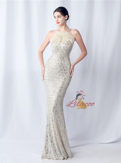 Halter Mermaid Sequins Feather Prom Dress
