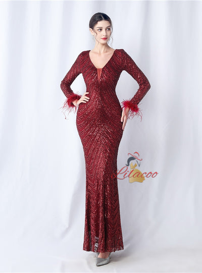 Long Sleeve Mermaid V-neck Prom Dress