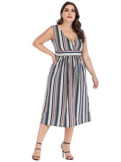 V-neck Striped Waist Slim Dress
