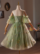 Green Tulle Embroidery Straps Homecoming Dress