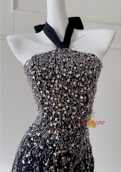Black Halter Sequins Beading Prom Dress