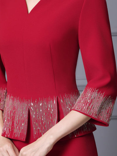 Red V-neck Short Sleeve Mother Of The Bride Dress