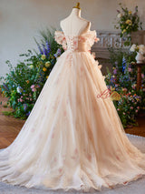 Champagne Tulle Off the Shoulder 3D Flower Prom Dress