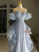 Blue Mermaid Sequins Tulle Short Sleeve Prom Dress