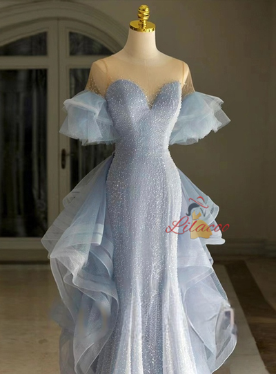 Blue Mermaid Sequins Tulle Short Sleeve Prom Dress