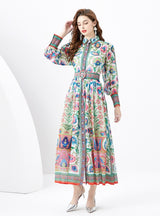 Palace Lapel Lantern Sleeve Long Retro Print Dress