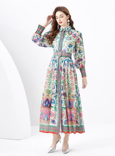 Palace Lapel Lantern Sleeve Long Retro Print Dress