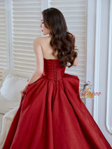 Burgundy Satin Strapless Pleats Prom Dress