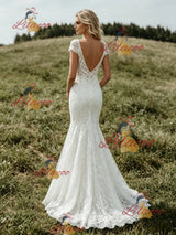 White Mermaid Lace V-neck Cap Sleeve Wedding Dress