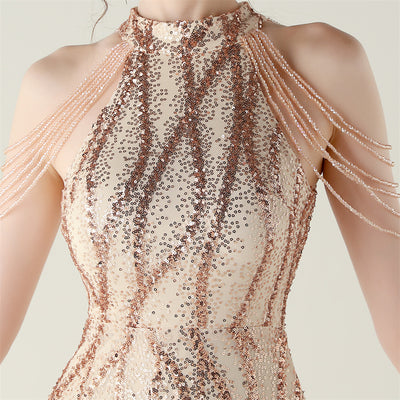 Mermaid Sequins Halter Backless Beading Prom Dress