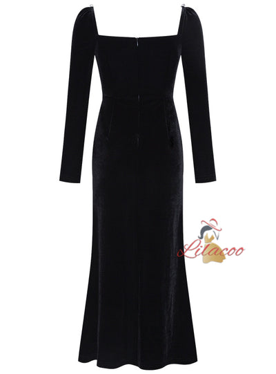 Black Long Sleeve Crystal Prom Dress