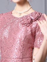 Pink Lace Short Sleeve Mother Of The Bride Dress
