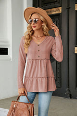 Solid Color V-neck Button Loose Long Sleeve T-shirt