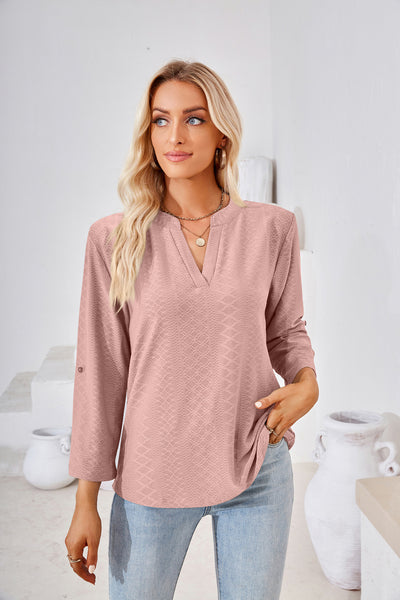 V-neck Cropped Sleeve Button Loose T-shirt