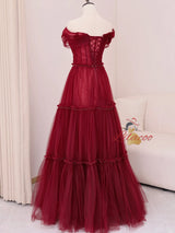 Burgundy Tulle Pleats Beading Off the Shoulder Prom Dress