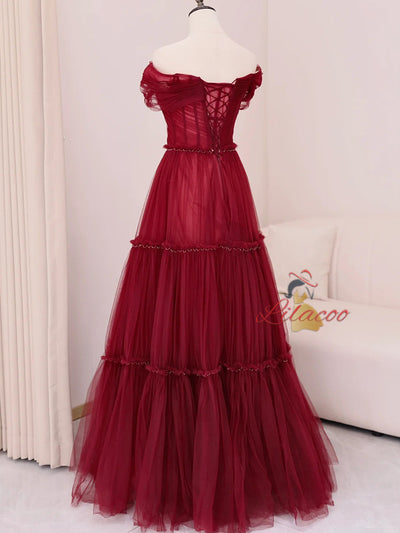 Burgundy Tulle Pleats Beading Off the Shoulder Prom Dress