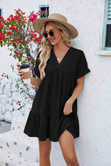 Solid Color V-neck Loose Pleated Dress
