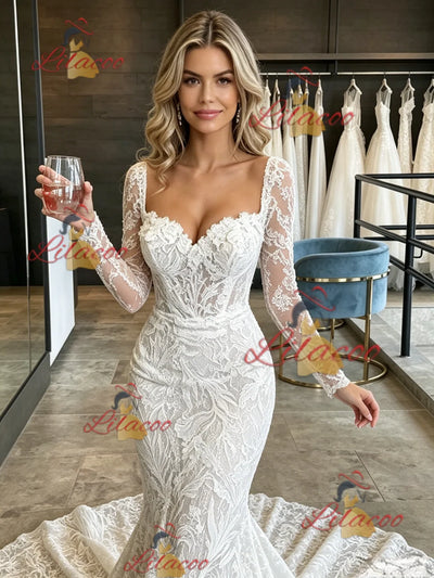 White Mermaid Lace Long Sleve Square Neck Wedding Dress