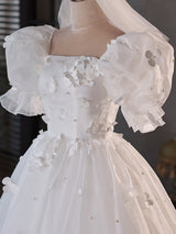 White Tulle Puff Sleeve 3D Flower Wedding Dress