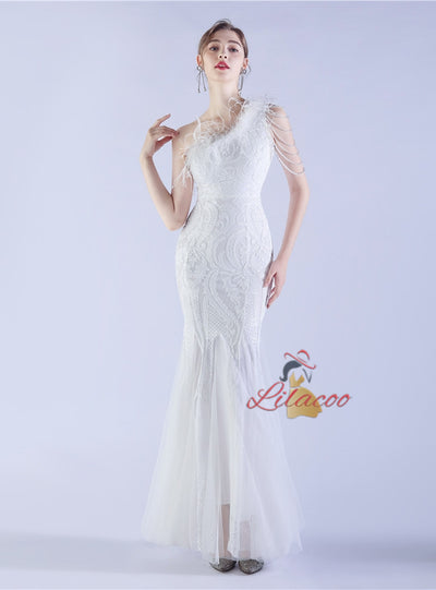 Mermaid Sequins One Shoulder Beading Prom Dress