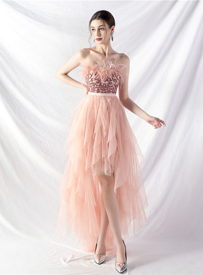 Hi Lo Tulle Strapless Sequins Prom Dress
