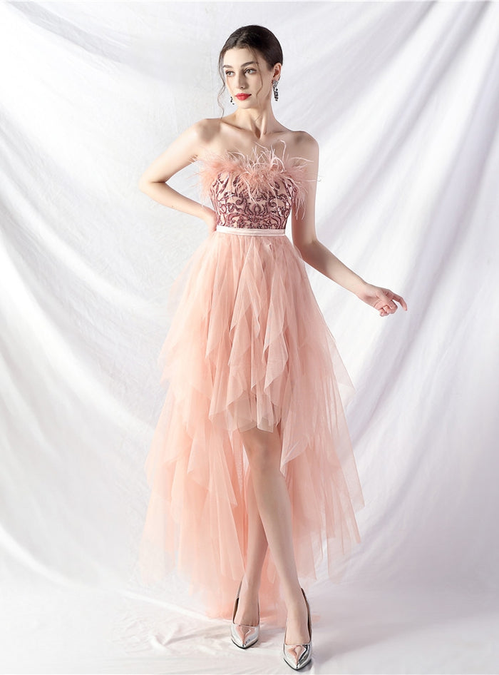Hi Lo Tulle Strapless Sequins Prom Dress