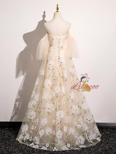 Champagne Tulle Beading Prom Dress