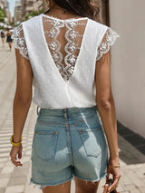 Short-sleeved V-neck Lace Stitching Shirt