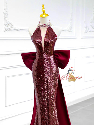 Burgundy Mermaid Sequins Halter Beading Prom Dress
