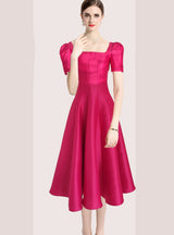 Solid Color Pleated Slim Square Collar Dress