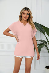 Solid Color V-neck Short Sleeve Chiffon Shirt