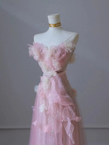 Pink Tulle Sequins Appliques Prom Dress