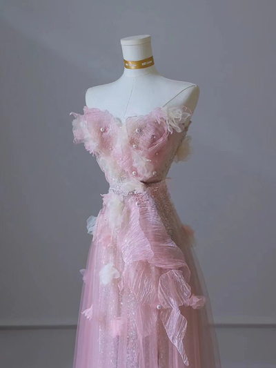 Pink Tulle Sequins Appliques Prom Dress
