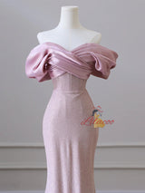 Pink Mermaid Off the Shoulder Pleats Prom Dress