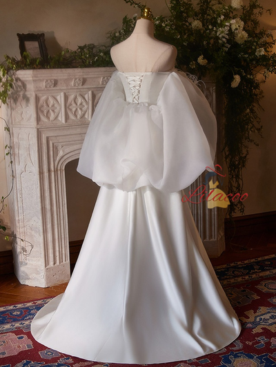 White Satin Pleats Strapless Wedding Dress